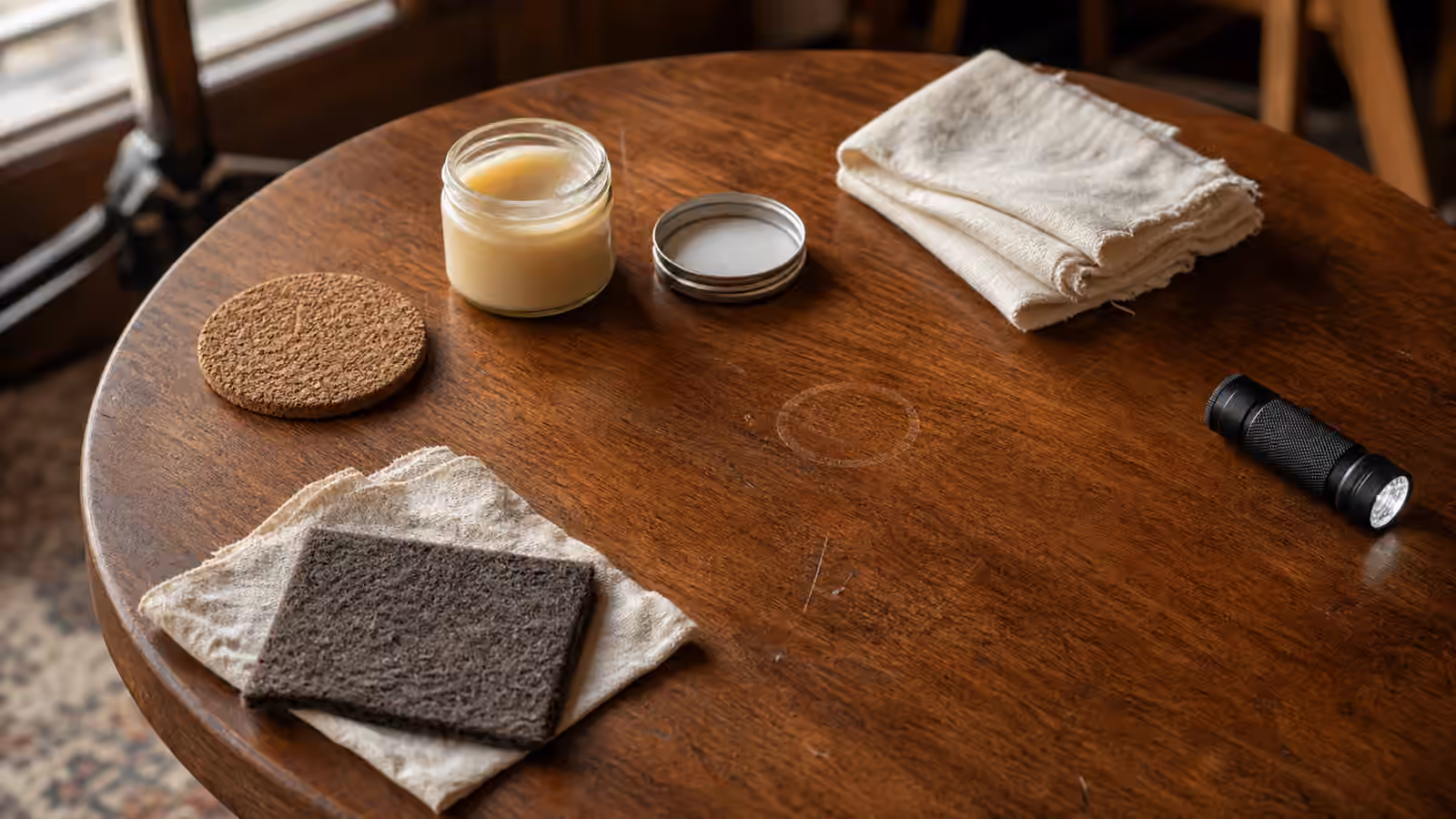 A wood tabletop with a pale water ring, cloths, wax, coaster, pad, and flashlight.