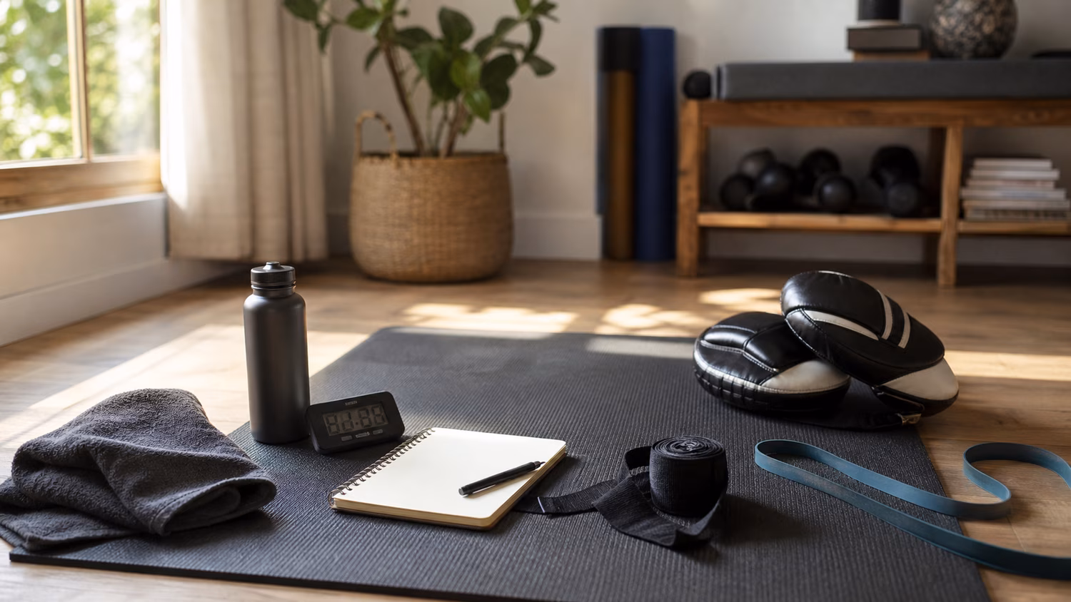 A quiet home training corner with a mat, wraps, notebook, timer, water bottle, and soft training pads.