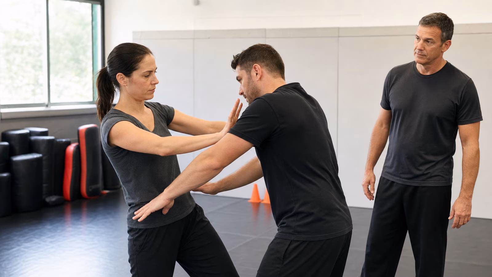 Two adults practice a controlled close-range Krav Maga framing drill while an instructor observes in a clean studio