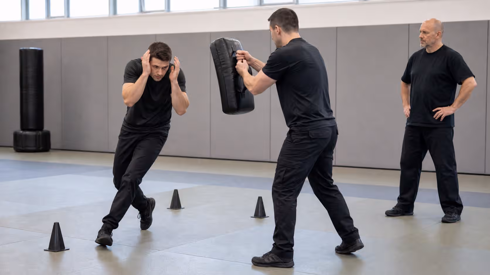 A Krav Maga student practicing protective covering while moving through a cone lane toward open space.