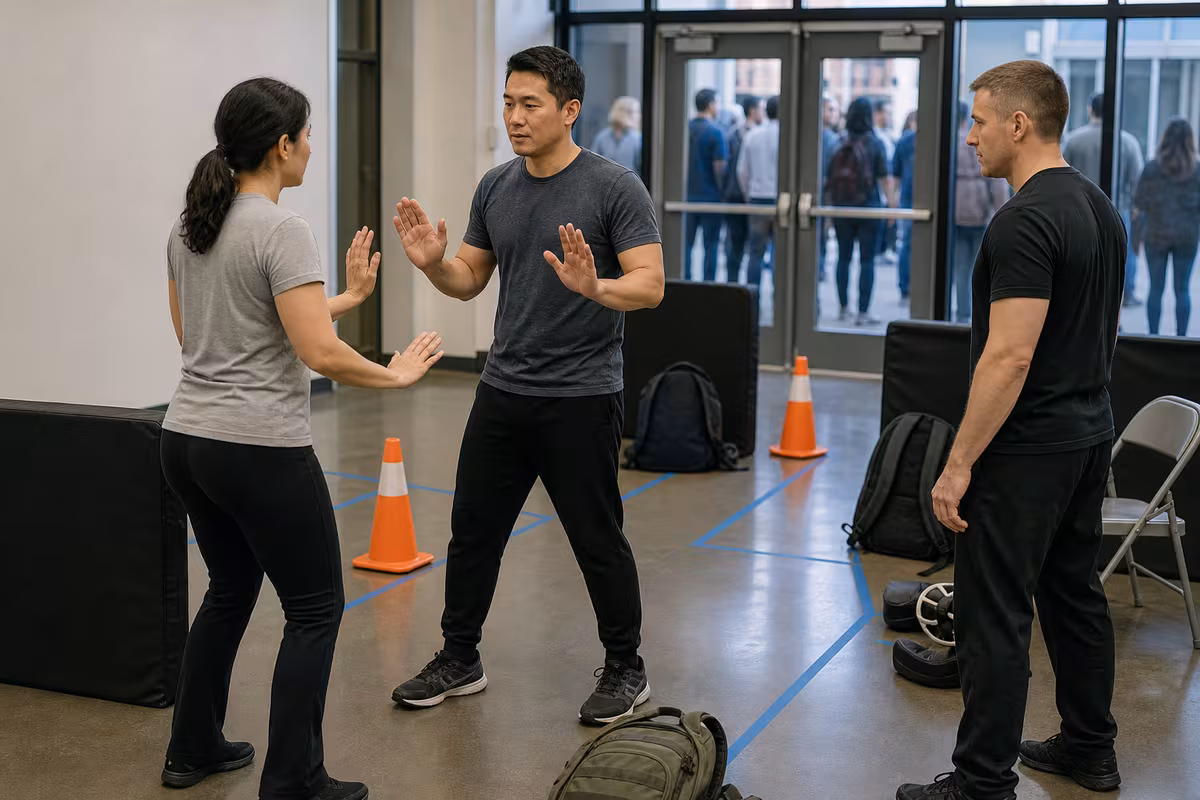 Adult Krav Maga students practice calm open-hand positioning and exit awareness around cones, chairs, bags, and a training doorway.