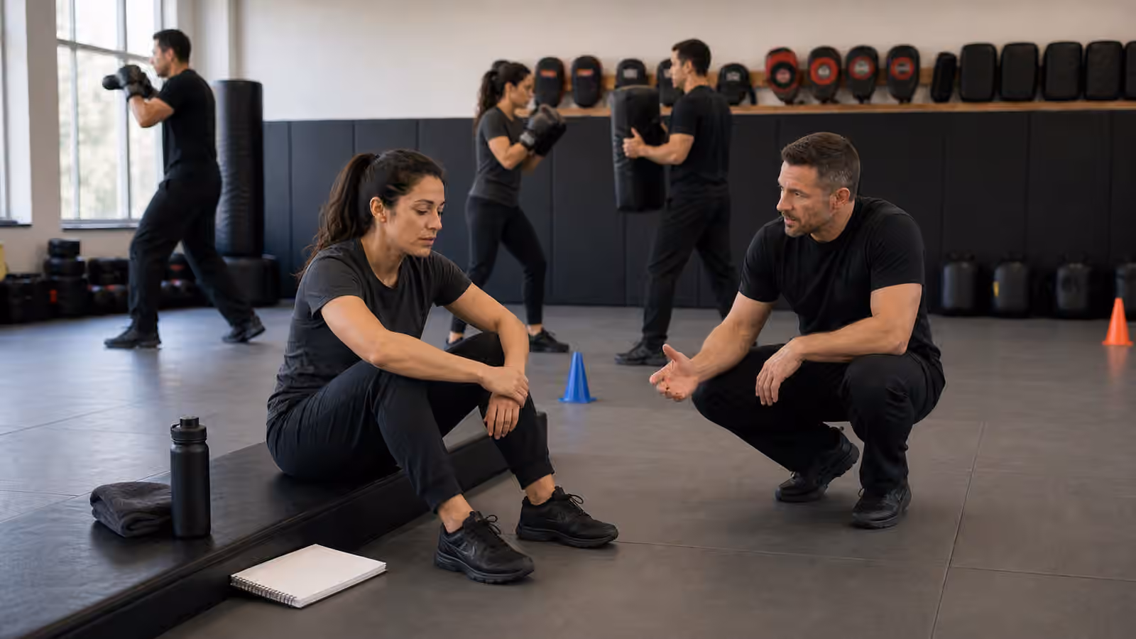 A Krav Maga student takes a calm reset at the edge of the mat while an instructor checks in.