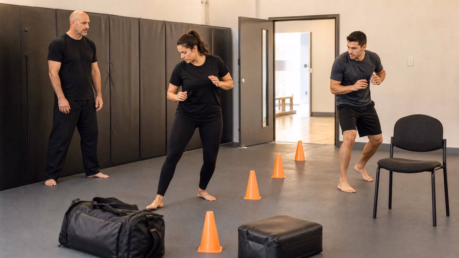 A Krav Maga class practicing controlled movement around cones, a doorway, a chair, and a training bag.