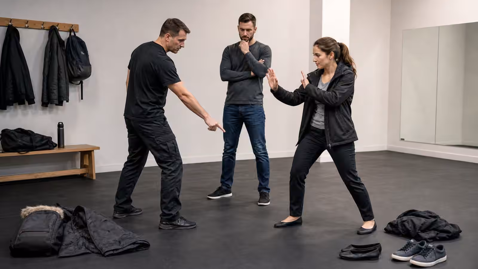 A Krav Maga instructor discussing jackets, shoes, and foot placement with two students on a clean training floor.