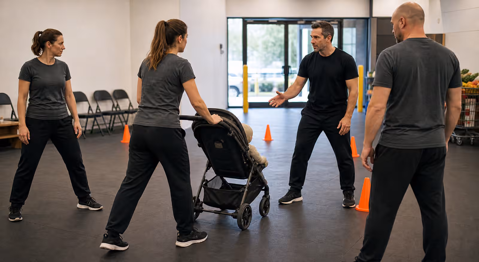 A Krav Maga student practices guiding a stroller prop through an open lane while an instructor watches spacing.