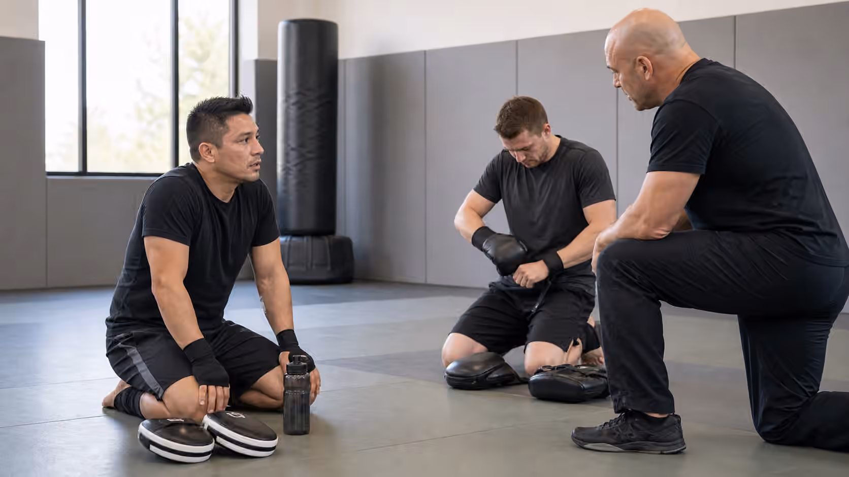 Krav Maga students taking a controlled recovery pause beside focus mitts while an instructor checks in.