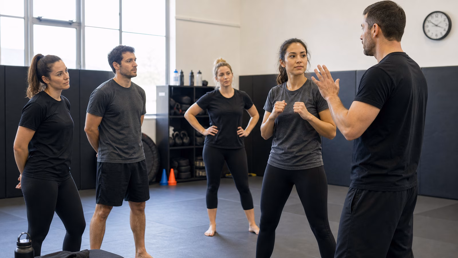 Adult beginners in a calm Krav Maga training studio listening to an instructor explain safe spacing and controlled partner practice.