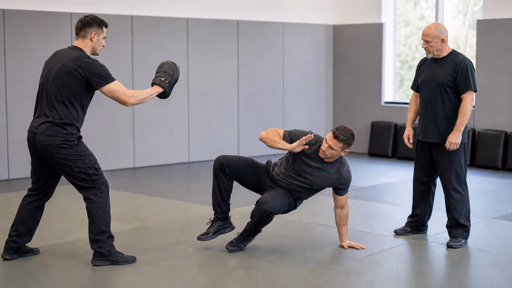 A Krav Maga student practicing a technical stand-up while a partner and instructor keep safe distance.