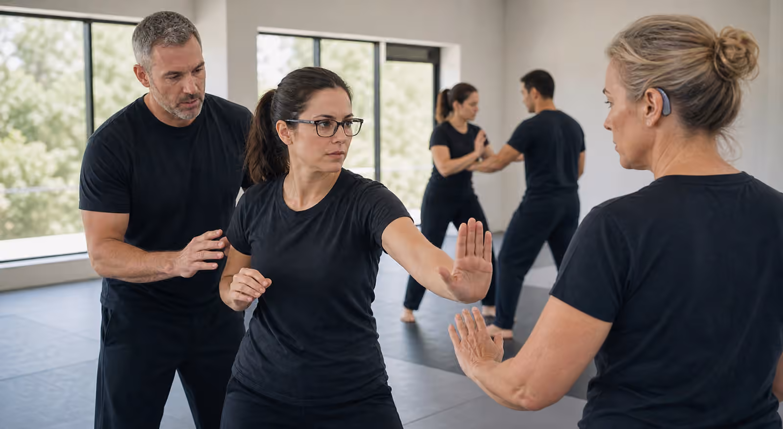 Krav Maga students practice scanning and open-hand distance while one student wears eyeglasses and another uses a discreet hearing aid.