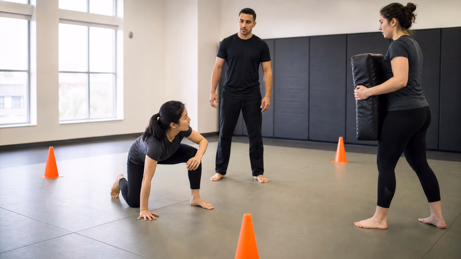 A Krav Maga class practicing controlled ground recovery with an instructor and pad holder nearby.