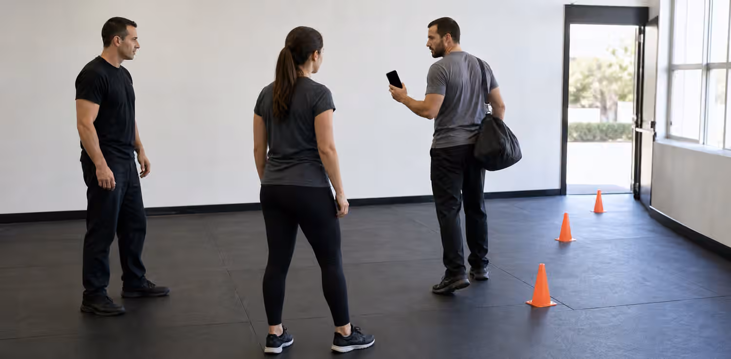 A Krav Maga class practices a calm hands-full movement drill with a gym bag, phone prop, cones, and an open exit.
