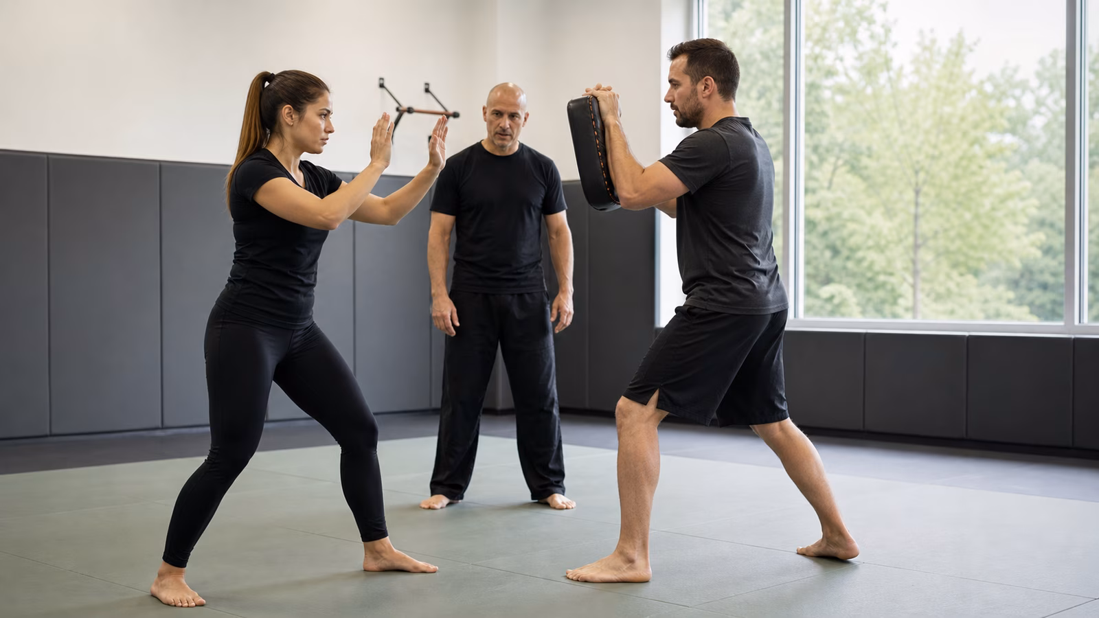 A supervised Krav Maga partner drill with one student holding a pad while another keeps controlled distance.