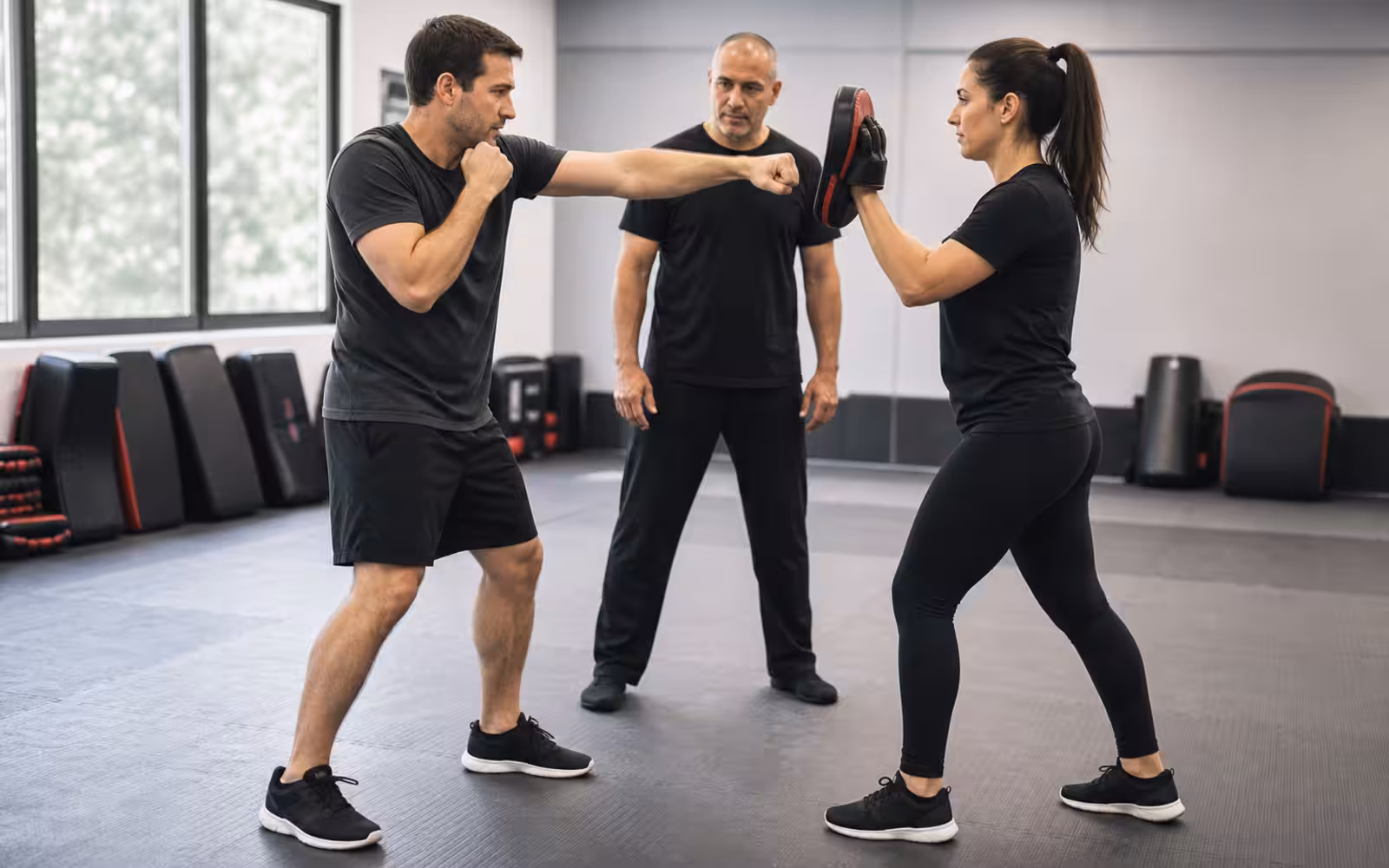 Two beginner Krav Maga partners practicing safe distance with focus mitts, relaxed hands, and a coach nearby