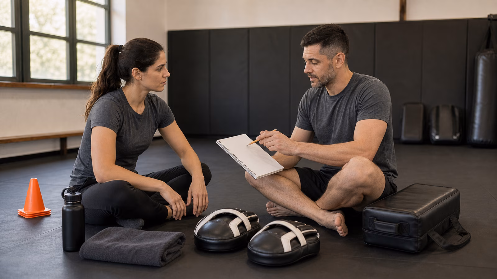 An adult Krav Maga student and instructor review a blank training notebook beside pads, cones, a towel, and water bottle on a quiet studio floor.