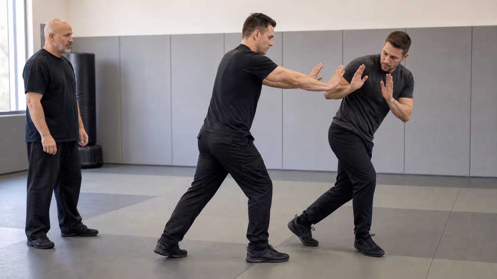 A controlled Krav Maga shove-recovery drill with an instructor observing balanced footwork.