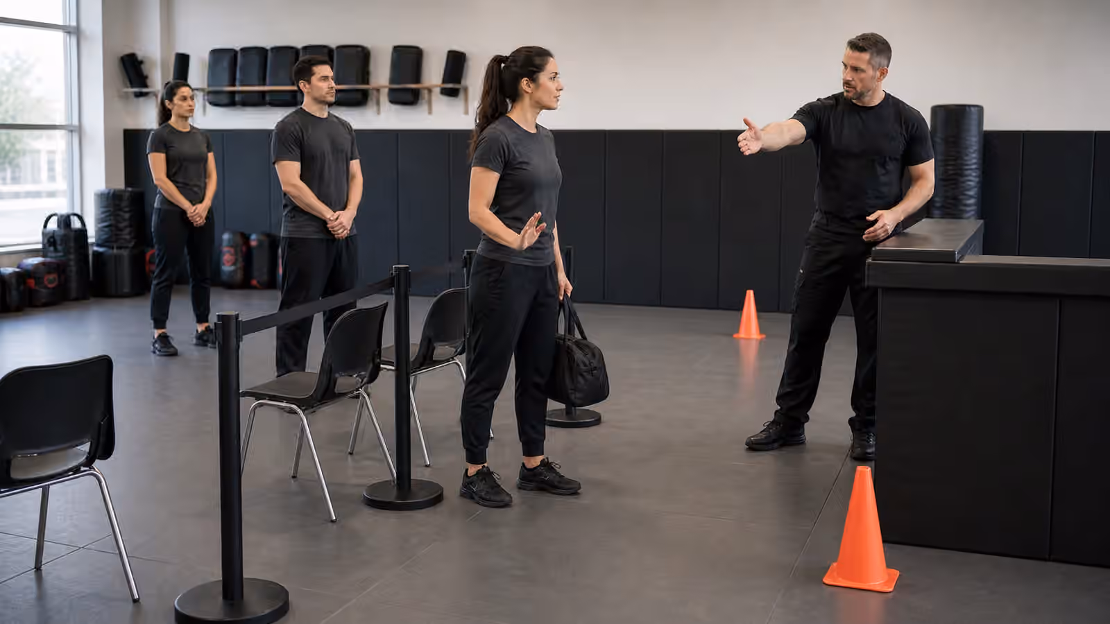 A Krav Maga class practices queue-line spacing around chairs, stanchions, and a clear side exit.