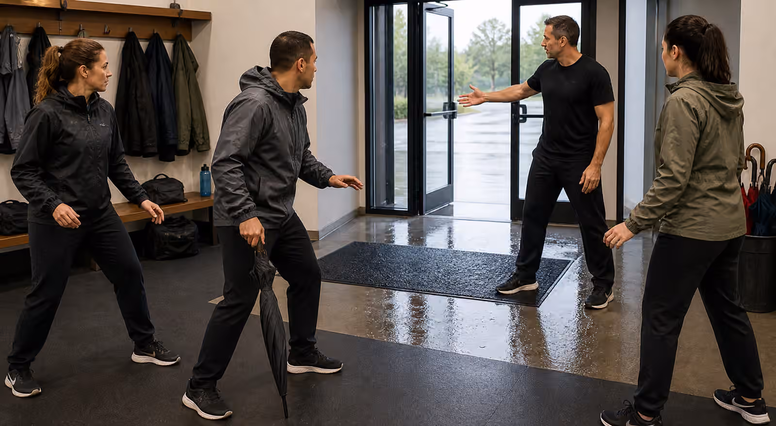 Krav Maga students practice balance and open-hand posture near a wet entry mat with coats and umbrellas.