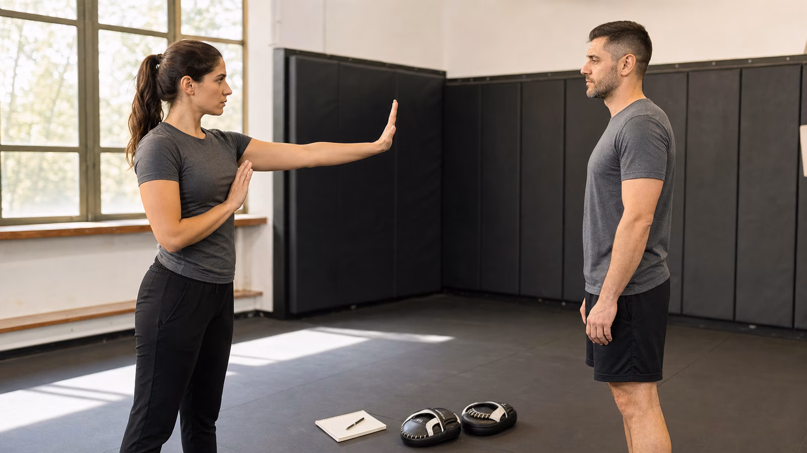 Two Krav Maga training partners paused at safe distance in a padded studio while one gives an open palm stop signal.