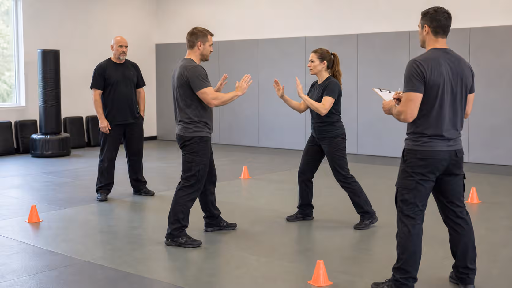 A Krav Maga class setting up a calm scenario role-play drill with an observer and instructor.