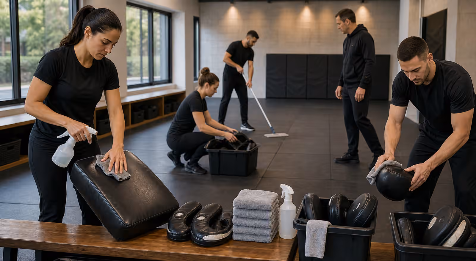 Krav Maga students clean pads and return shared gear after class in a tidy training studio.