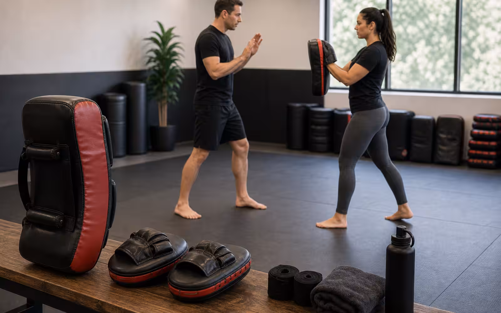 A safe pad-holding setup with a curved kick shield, focus mitts, hand wraps, and two adults checking distance before a drill