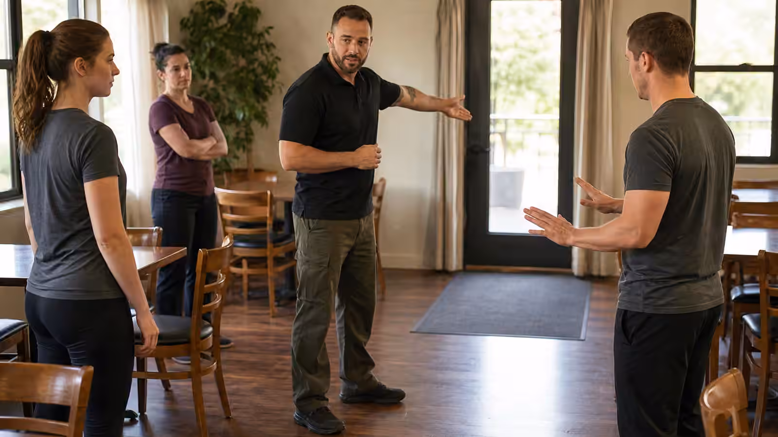 A Krav Maga instructor pointing out a clear exit path between tables and chairs during a calm social-event awareness drill.