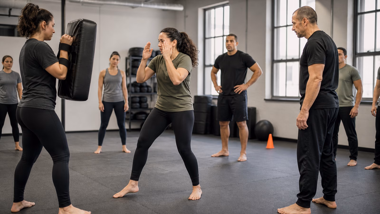 Adult Krav Maga students practicing a controlled startle response and reset drill with pads in a studio.