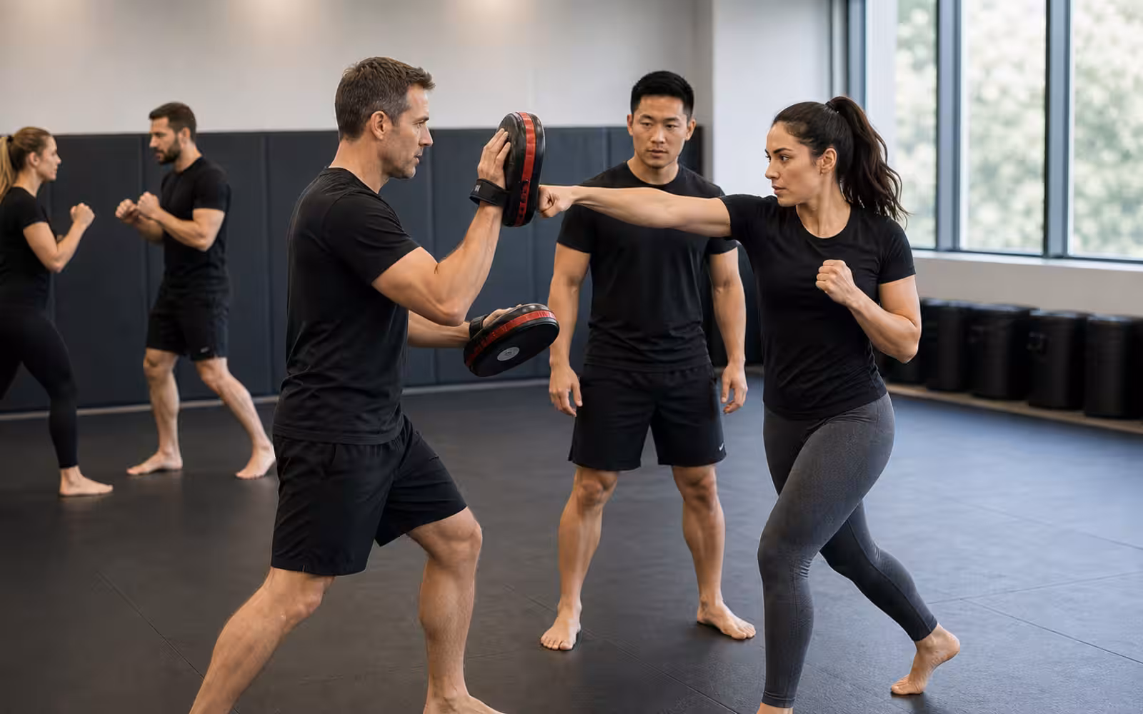 A Krav Maga student striking focus mitts while a coach watches stance, breathing, and pad position.