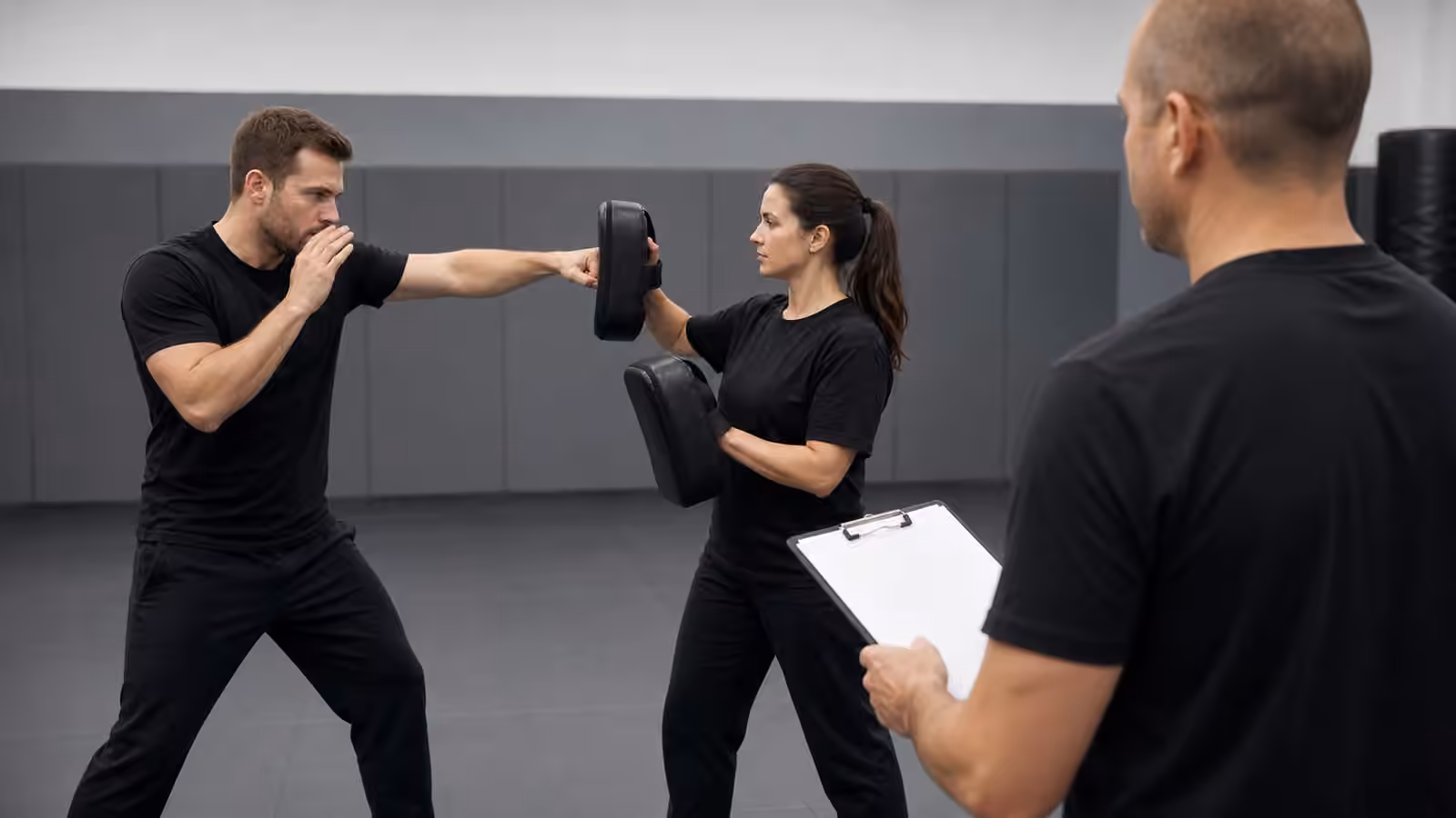 An instructor observing two Krav Maga students during a calm skills evaluation with pads and a blank clipboard.