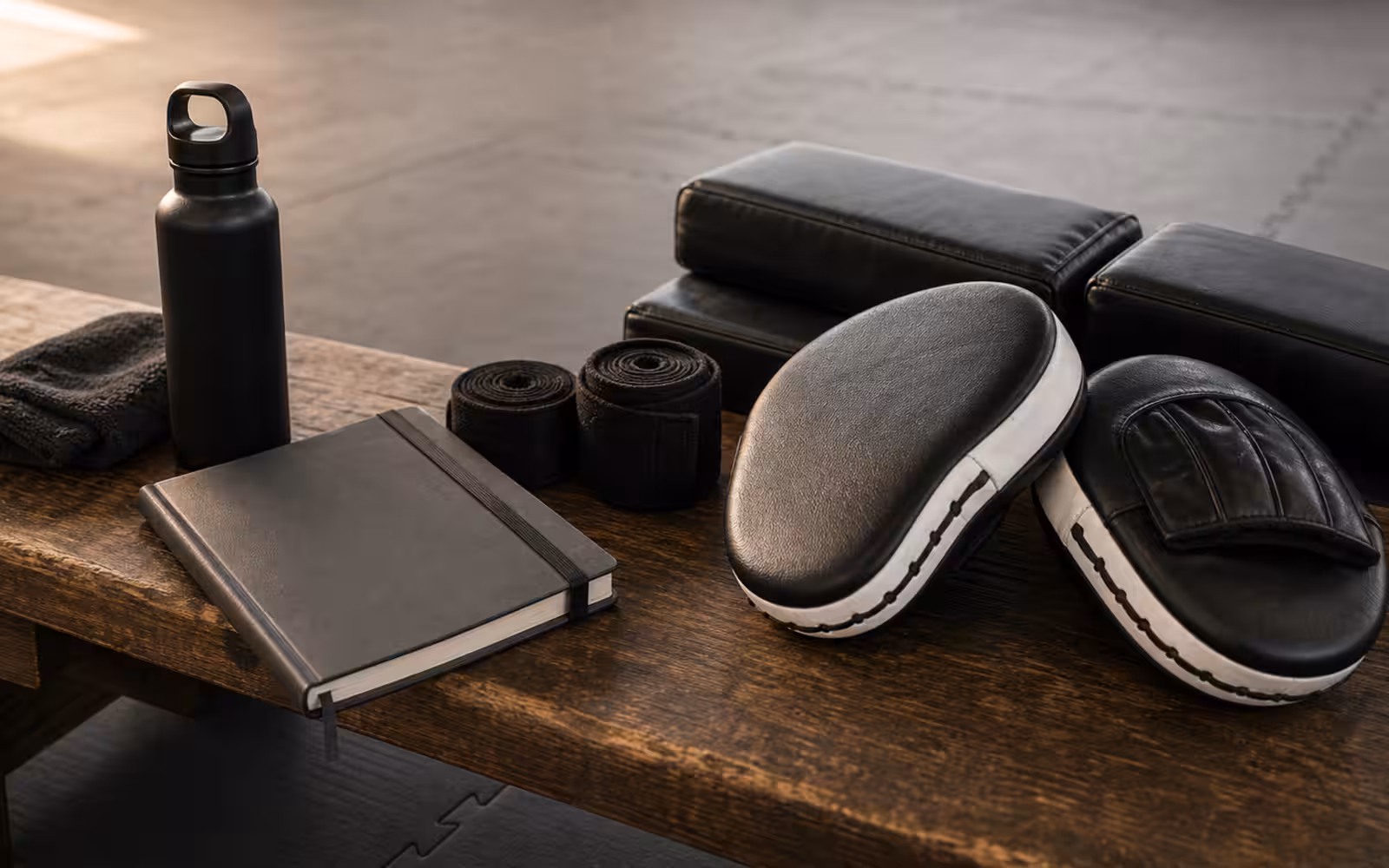 A Krav Maga training notebook beside hand wraps, focus mitts, water bottle, and a blank page for class reflections