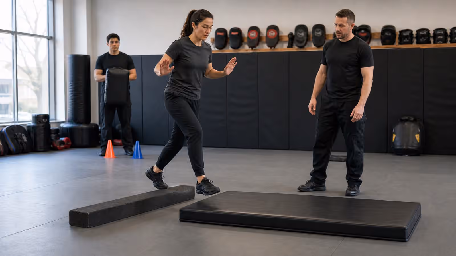 A Krav Maga student practices careful foot placement over a low training curb while an instructor supervises.