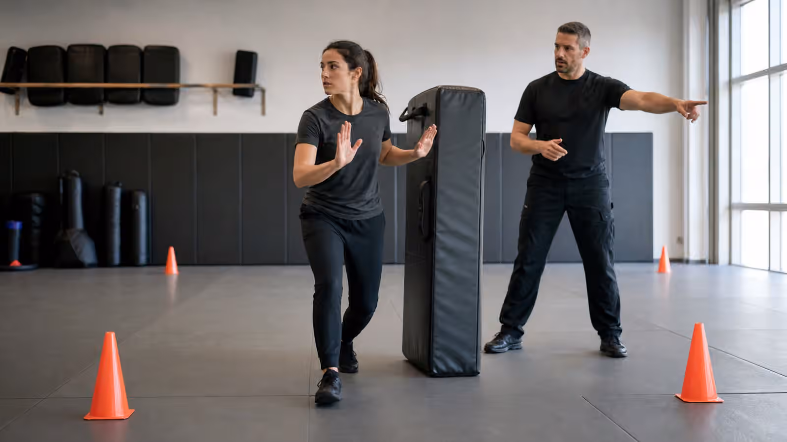A Krav Maga student practices open-hand movement past a pad while an instructor points toward an exit lane.