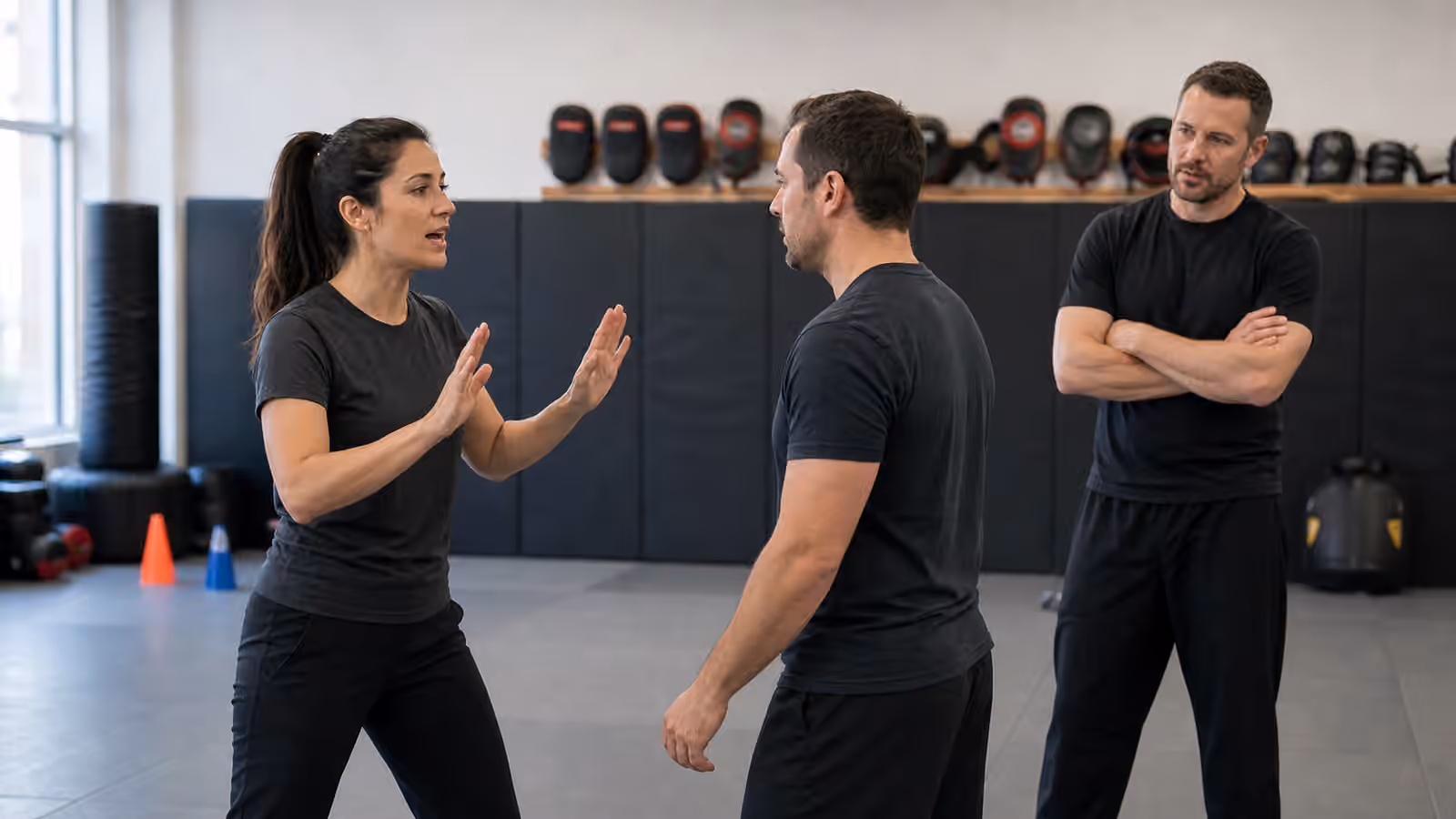 A Krav Maga student uses an open-hand verbal boundary while an instructor observes a controlled distance drill.