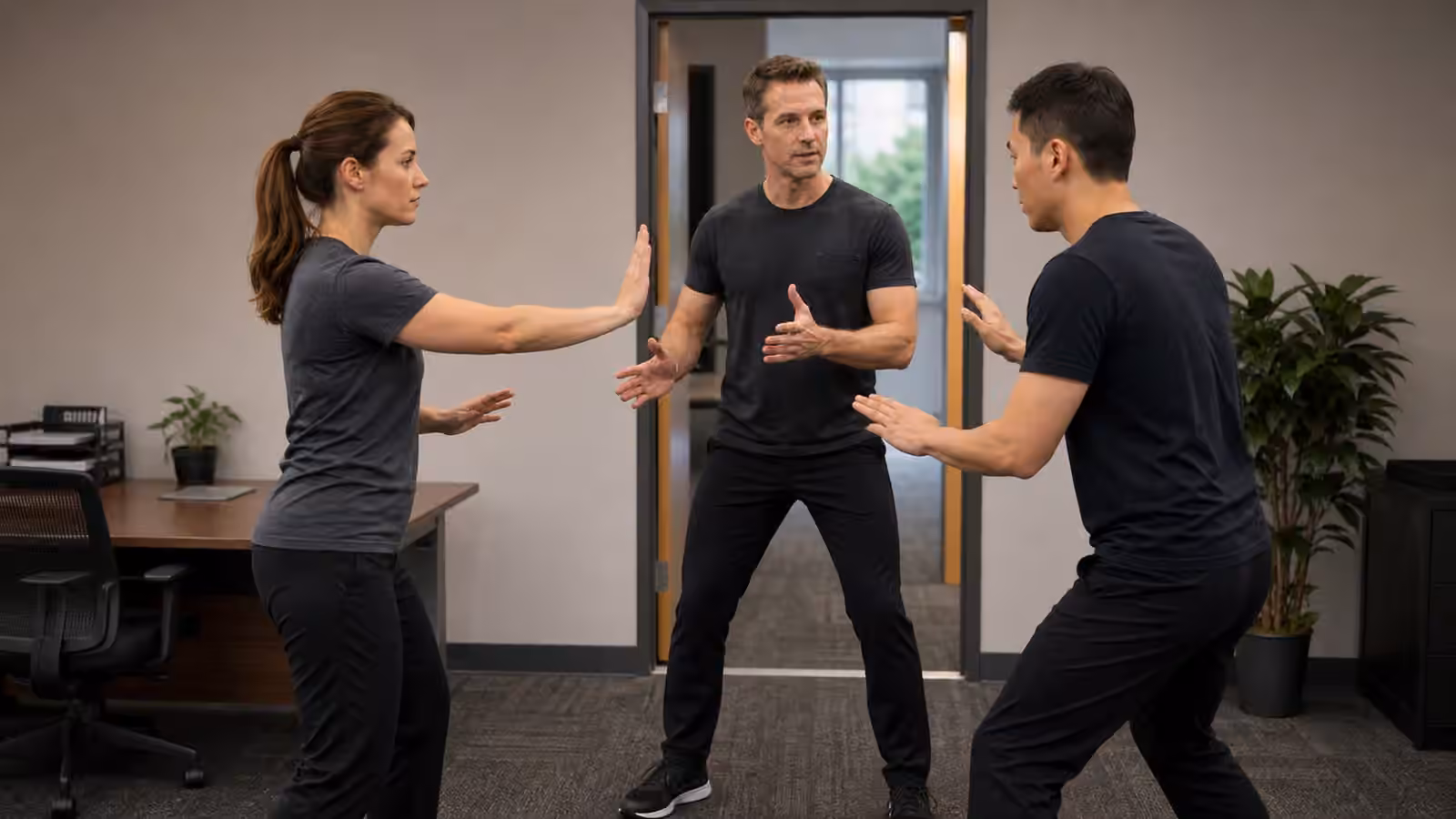 A Krav Maga instructor guiding two students through office doorway spacing with desks and a clear exit lane.