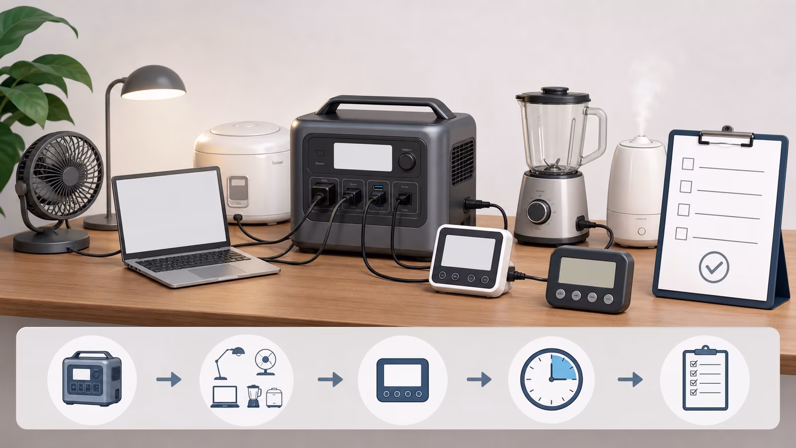 Portable power station connected to household essentials with watt meter, timer, and checklist shapes.
