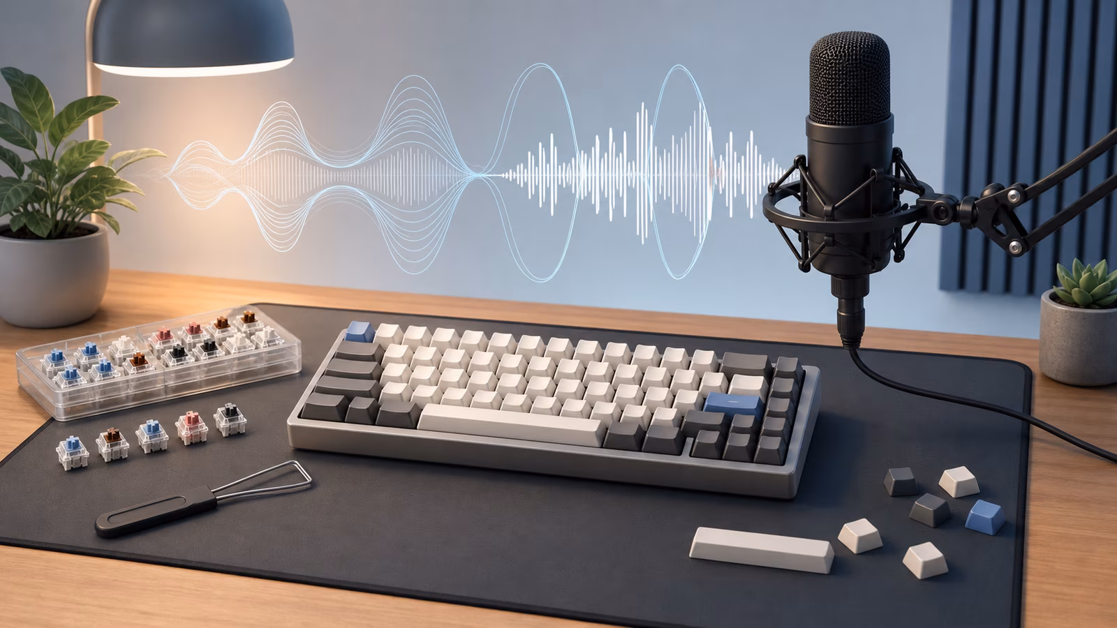 Keyboard, microphone, keycap puller, switches, desk mat, and sound-wave shapes on a clean desk.