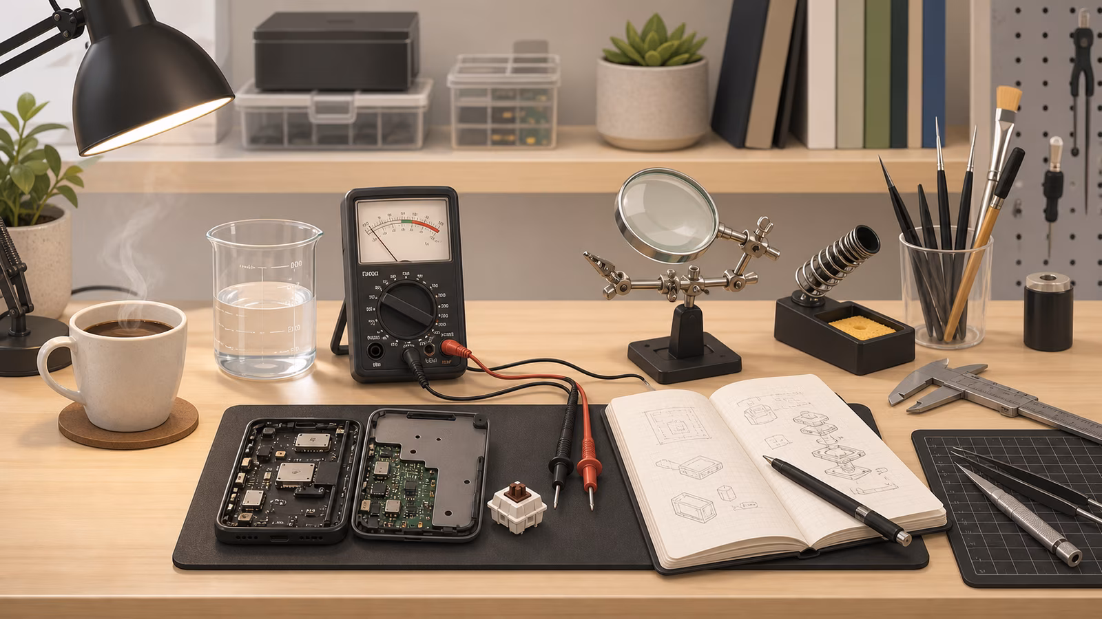 Practical home lab bench with coffee cup, water beaker, battery meter, repair sample, keyboard switch, notebook, and measuring tools.