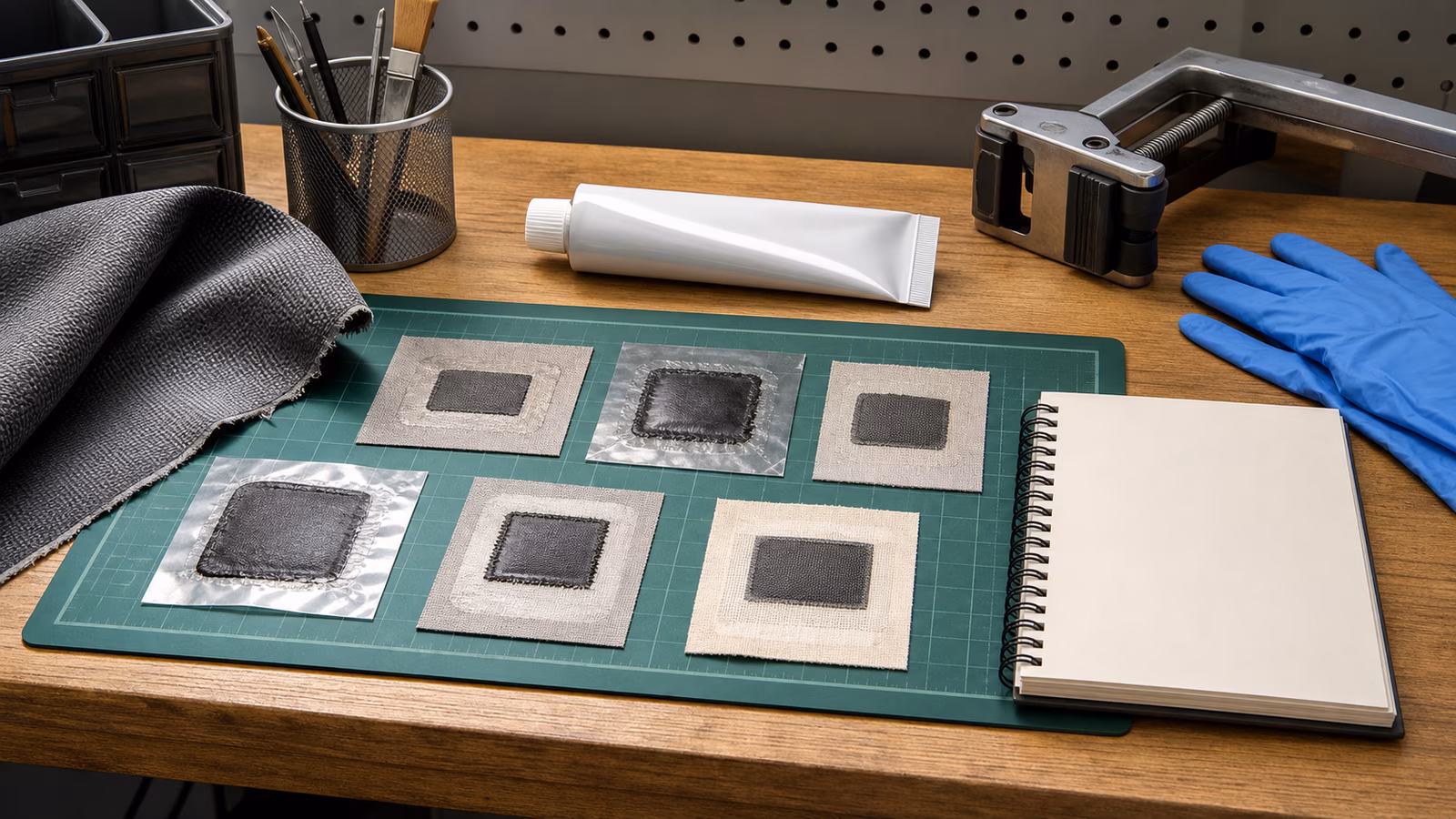 Small repair patch samples with adhesive tube, fabric scrap, clamp, notebook, and safety gloves.