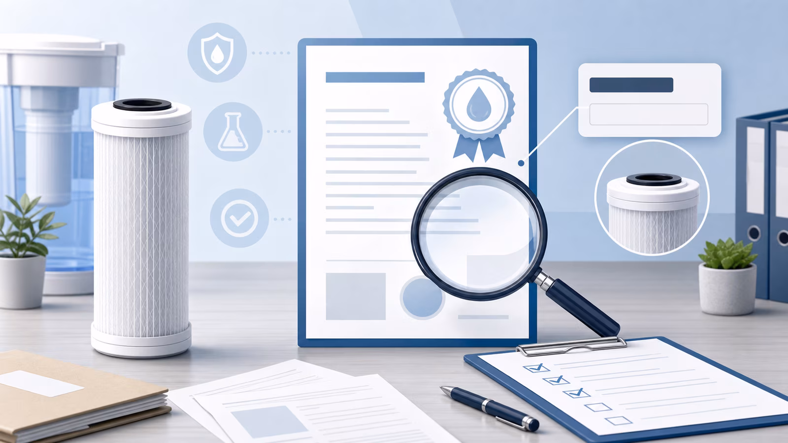 Water filter cartridge, certification document shape, magnifying glass, and model-number label shapes.