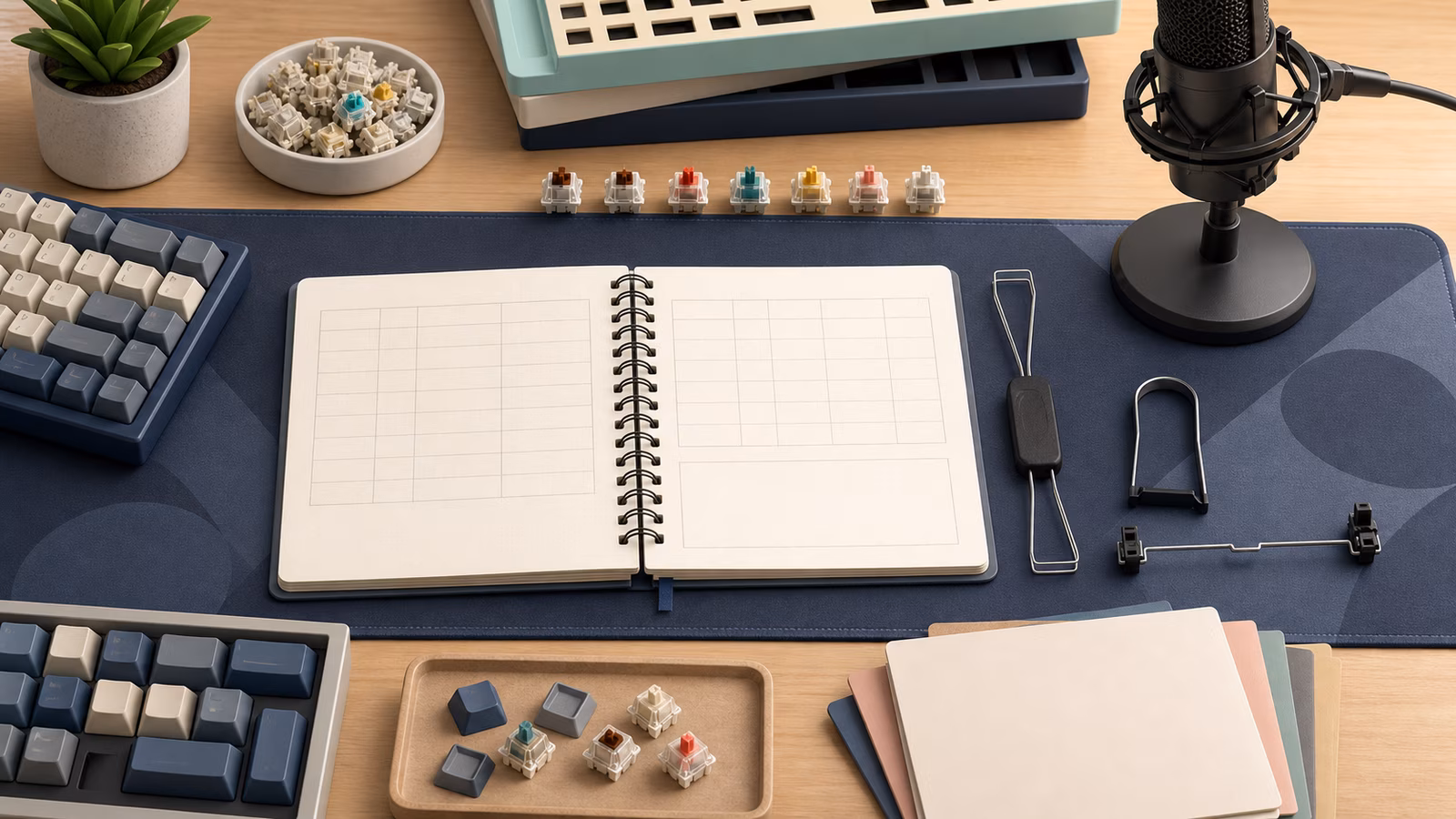Keyboard sound log with switches, keycap puller, microphone, desk mat, and note cards.