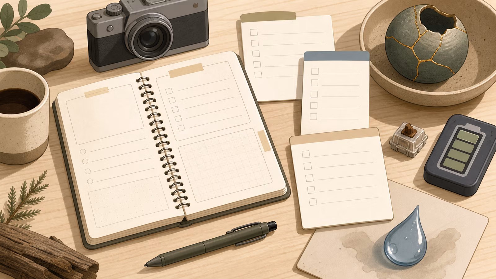 Practical logging templates with notebook, checklist cards, camera icon, coffee cup, repaired object, battery icon, keyboard switch, and water droplet.