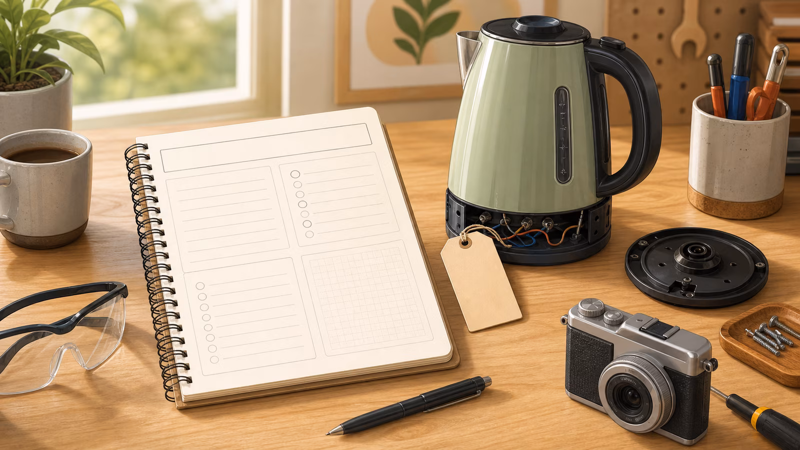 Repair notebook, small fixed object, part tag, camera icon, and cost checklist.