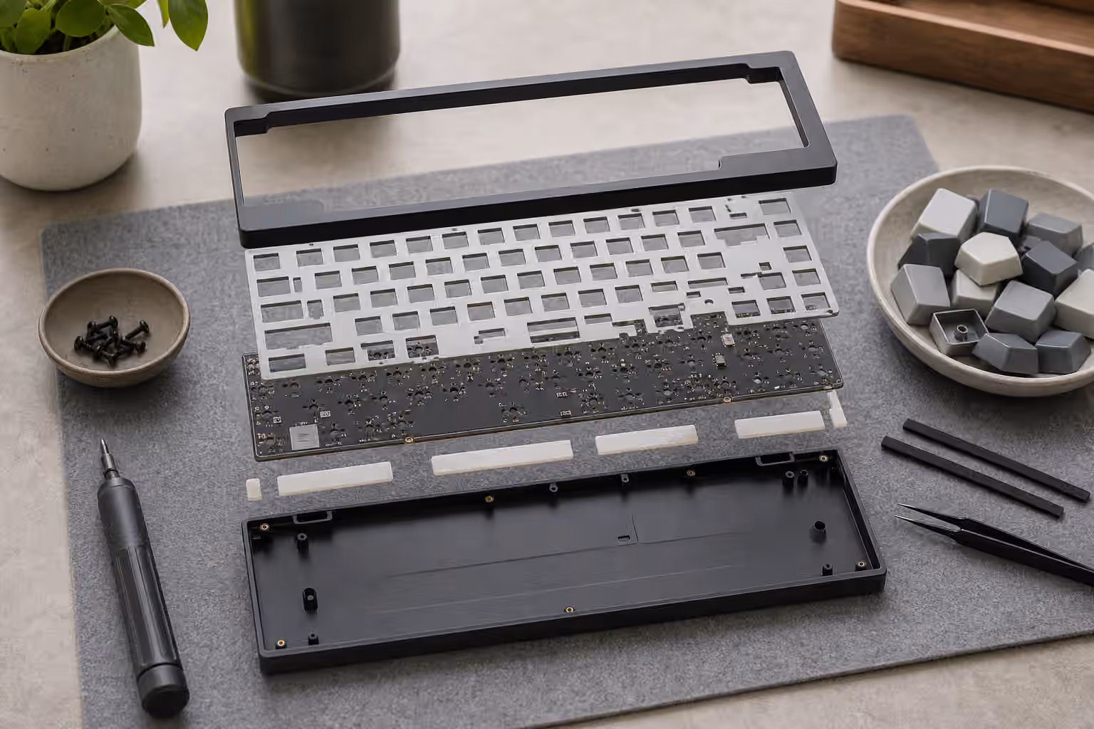 Exploded mechanical keyboard case with plate, PCB, gasket strips, screws, and blank keycaps.