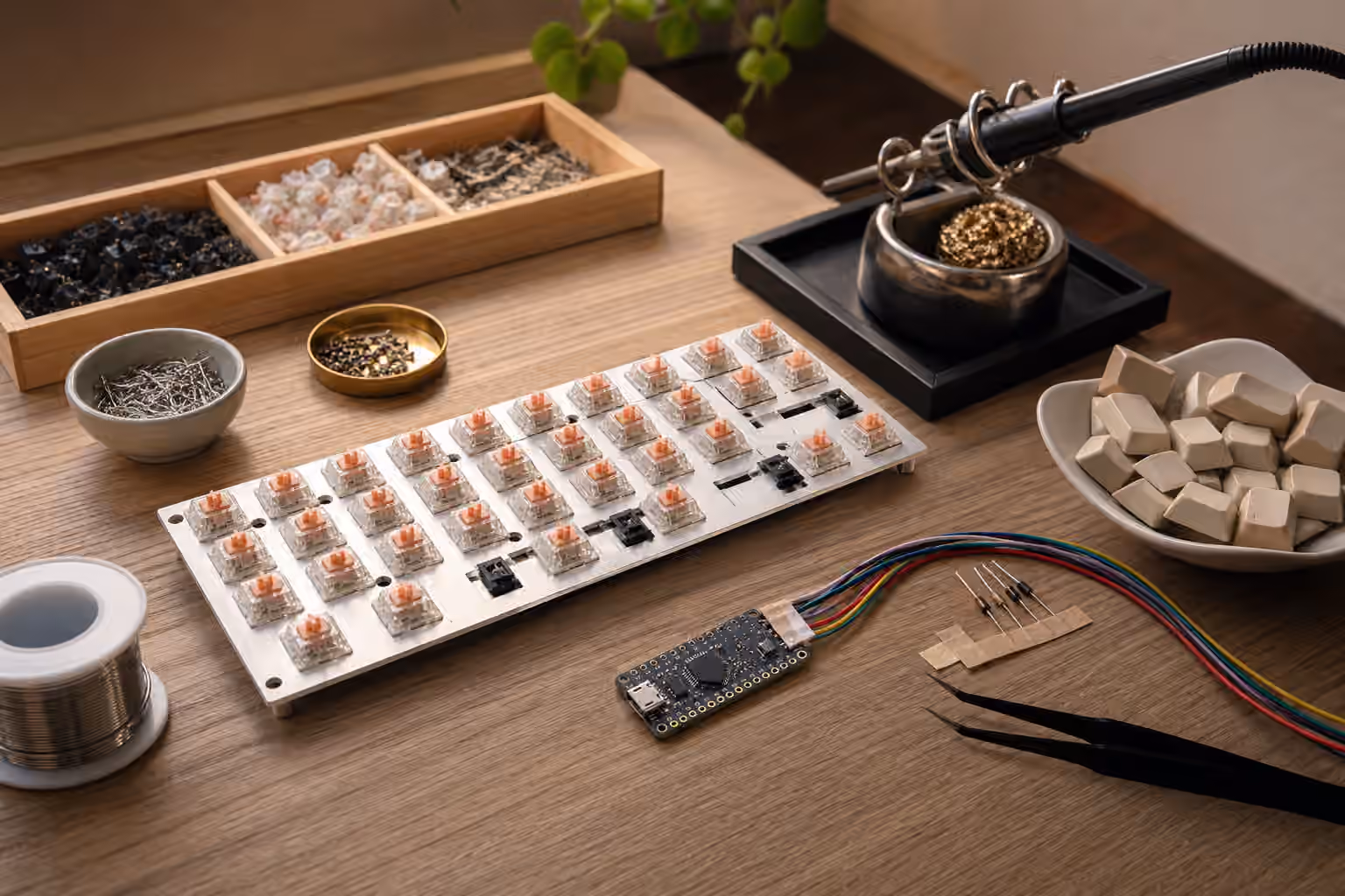 Handwired mechanical keyboard plate with switches, wires, diodes, and an unbranded microcontroller on a workbench.