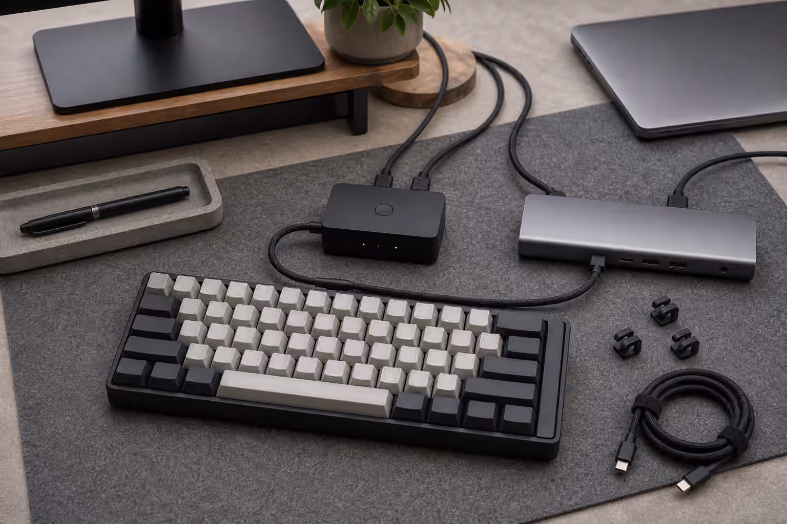 Mechanical keyboard connected through an unbranded USB switch box and dock on a tidy desk.