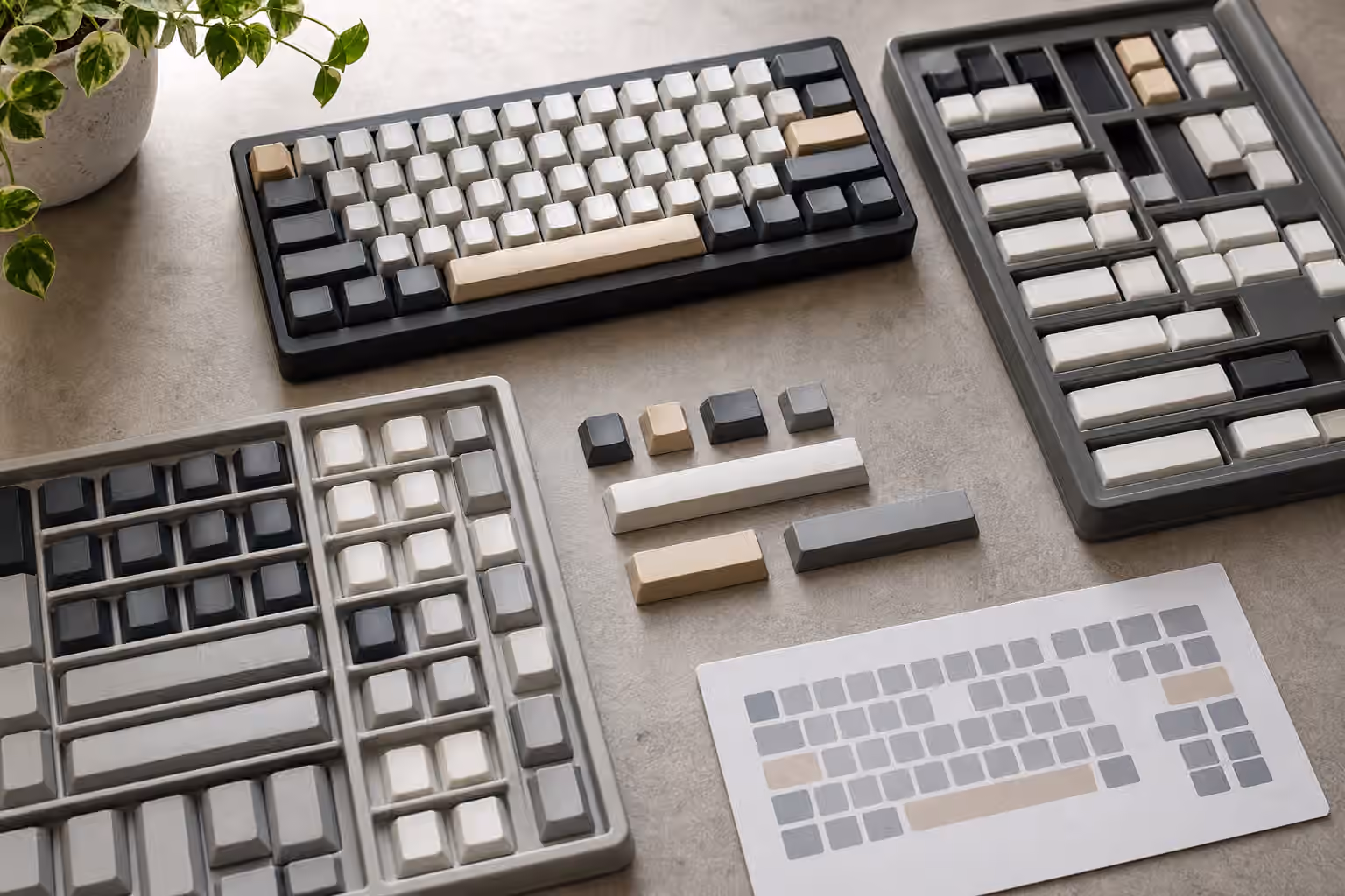 Blank keycap trays arranged by size beside a compact keyboard frame and extra spacebars.