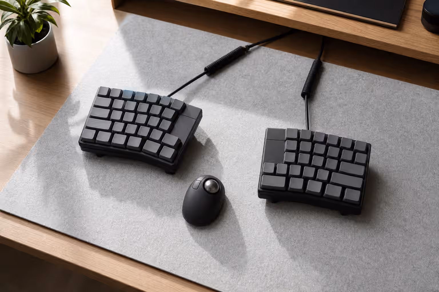Split mechanical keyboard halves positioned apart on a desk with a trackball nearby.
