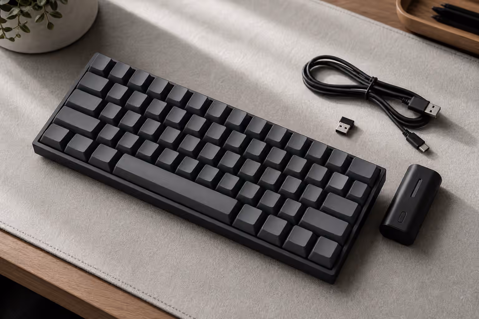 Wireless mechanical keyboard with blank keycaps, USB dongle, cable, and charging hardware on a desk.