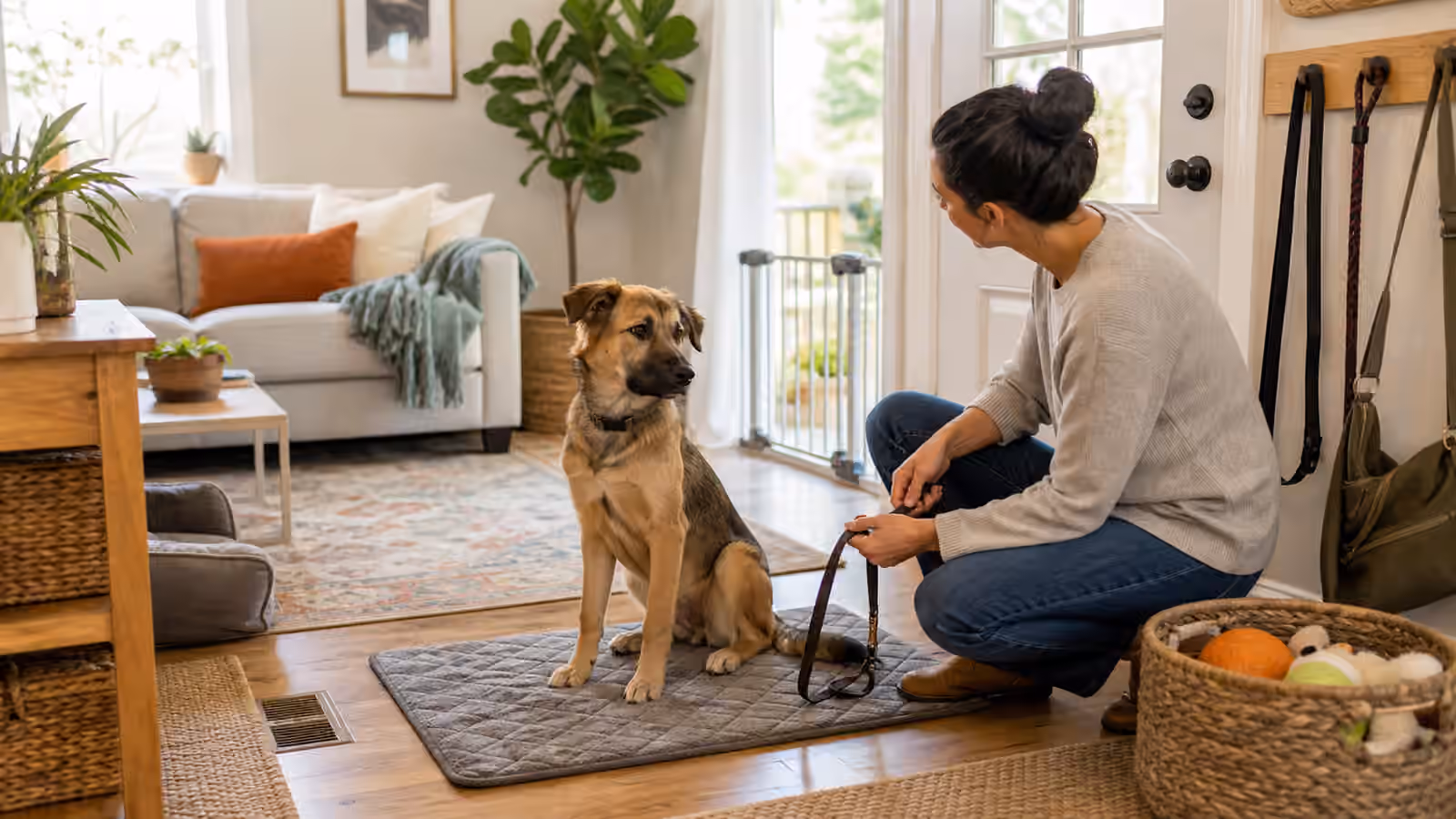 An adolescent dog pausing on a mat near walking gear, a toy basket, and a calm person resetting the leash routine.
