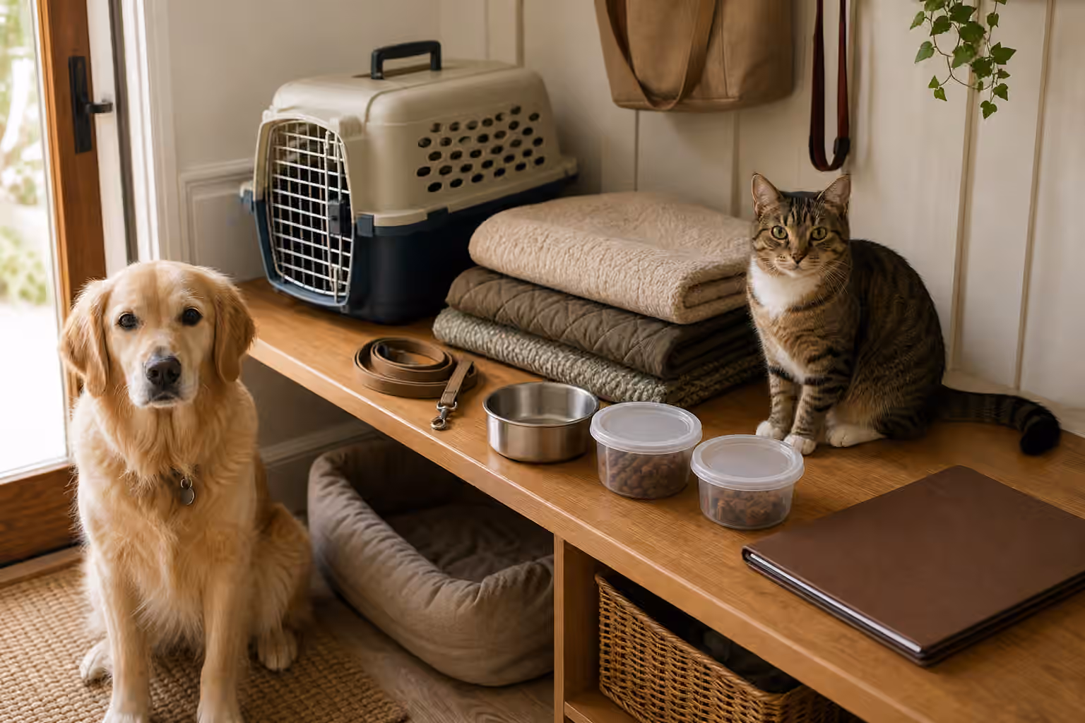 A pet overnight care handoff setup with a carrier, leash, food containers, bedding, records folder, and calm pets.